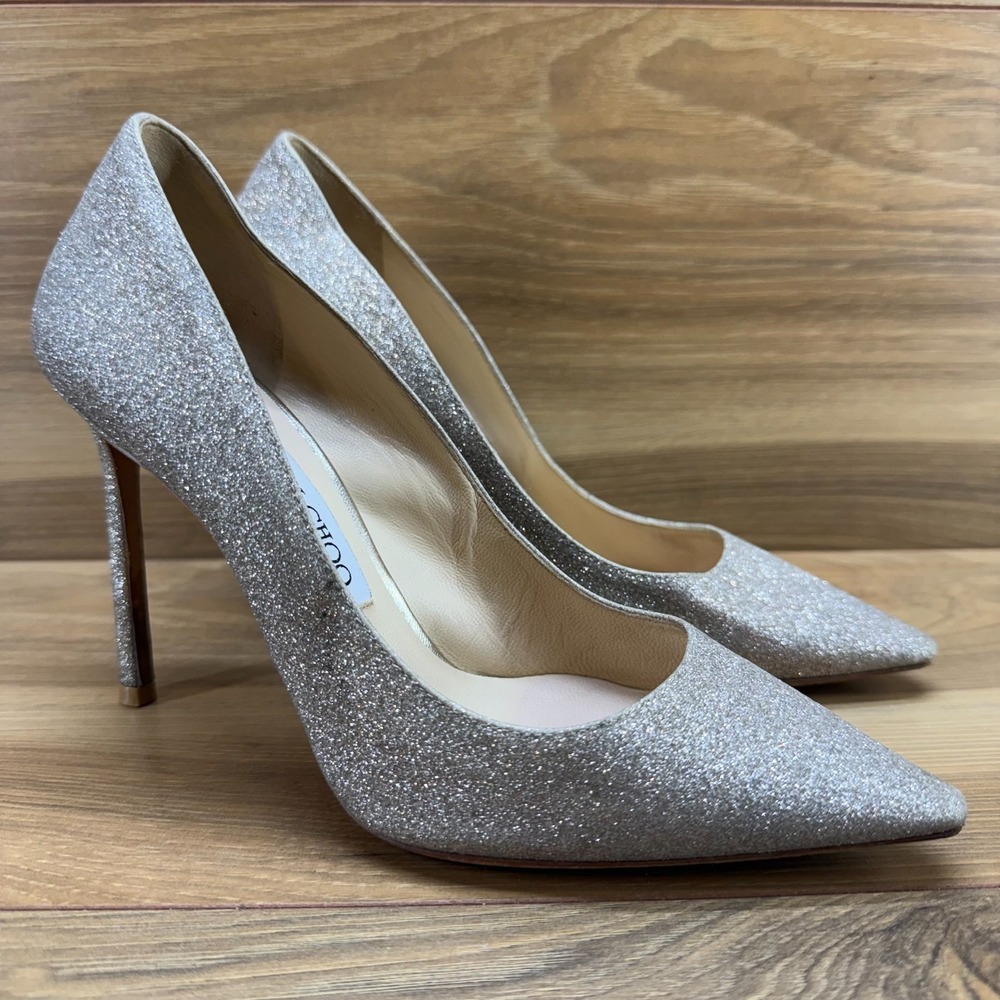 JIMMY CHOO Romy Glitter Gold Pumps Womens 6.5 EU 36.5 Pointed Toe Party Wedding